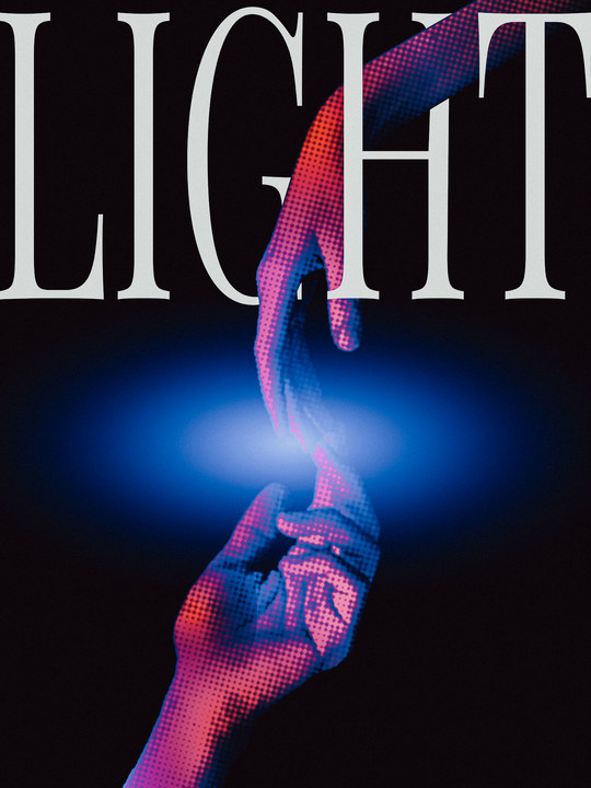 Color halftone poster — LIGHT: two hands reaching toward each other in pink and blue halftone