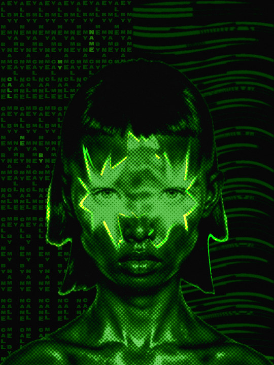 Color halftone poster — a face with glowing green graphic lines on a green code background